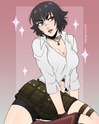 1girl artist_name bike_shorts black_hair breasts cleavage dangerousbride devil_may_cry devil_may_cry_(series) devil_may_cry_3 green_eyes heterochromia highres jewelry lady_(devil_may_cry) necklace red_eyes scar scar_on_face scar_on_nose shirt simple_background sparkle white_shirt