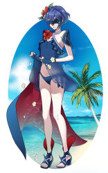 1girl ameno_(a_meno0) bikini bikini_under_clothes blue_bikini blue_dress blue_gloves blue_hair blue_sandals braid clothes_lift commentary_request crown_braid dress dress_lift fingerless_gloves fire_emblem fire_emblem_awakening fire_emblem_heroes flower full_body gloves hair_between_eyes lifting_own_clothes lucina_(fire_emblem) lucina_(summer)_(fire_emblem) marth_(fire_emblem_awakening) mask masked navel nintendo official_alternate_costume red_flower sandals see-through_clothes short_hair solo swimsuit toes white_flower