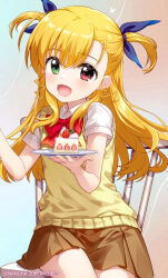 1girl blonde_hair blue_ribbon bow brown_skirt cake cake_slice chair collared_shirt commentary_request dress_shirt food fruit fujima_takuya green_eyes hair_between_eyes hair_ribbon heterochromia holding holding_plate long_hair lyrical_nanoha mahou_shoujo_lyrical_nanoha on_chair plate pleated_skirt red_bow red_eyes ribbon shirt short_sleeves sitting skirt solo strawberry sweater_vest two_side_up vivio white_shirt