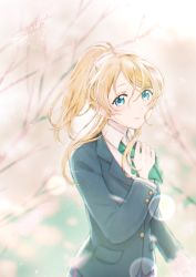 1girl ayase_eli blazer blonde_hair blue_eyes blue_jacket bow bowtie commentary_request green_bow green_bowtie hand_up highres jacket long_hair long_sleeves looking_at_viewer love_live! love_live!_school_idol_project otonokizaka_school_uniform petals ponytail school_uniform scrunchie smile solo suito tearing_up upper_body white_scrunchie
