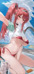 2girls absurdres aqua_hairband bag bikini black_choker blue_sky breasts choker clothes_in_mouth cloud commentary crop_top day elegg_(nikke) goddess_of_victory:_nikke hairband high_ponytail highres incredibly_absurdres k.j. large_breasts looking_at_viewer mouth_hold multiple_girls navel outdoors ponytail pool pool_ladder rapi_(nikke) rapi_(red_hood)_(nikke) rapi_(red_hood)_(red_flavor)_(nikke) red_bikini red_eyes red_hair revision shirt_in_mouth sky solo_focus submerged swimsuit water
