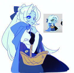1boy blue_eyes blue_skin candy_apple_hair_ornament colored_skin cookie_run cookie_run:_kingdom crossdressing disguise highres humanization long_hair long_sleeves looking_at_viewer puffy_long_sleeves puffy_sleeves shadow_milk_cookie simple_background smile solo toichou_butterfly white_hair