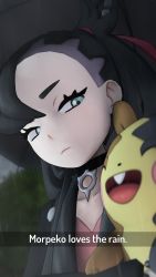 1girl 3d aqua_eyes asymmetrical_bangs black_choker black_hair black_jacket child choker collarbone creatures_(company) dress ear_piercing english_text evening expressionless fake_screenshot female_focus flat_chest game_freak gen_8_pokemon greatm8 highres holding holding_pokemon jacket leather leather_jacket long_hair long_sleeves looking_at_another marnie_(pokemon) morpeko nature neck nintendo open_clothes open_jacket open_mouth outdoors pendant_choker piercing pink_dress pokemon pokemon_(creature) pokemon_swsh punk rain sidelocks size_difference sky standing twintails undercut