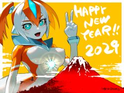 1girl 2024 :d artist_name blue_eyes bodysuit breasts colored_skin fang giant giantess happy_new_year looking_at_viewer medium_breasts monster_girl mount_fuji mountain multicolored_hair multicolored_skin new_year nikunopengin open_mouth orange_hair original smile solo twintails v volcano white_hair white_skin x-girl_flare