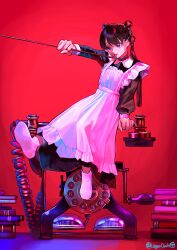 1girl absurdres antique_phone apron artist_name black_dress black_hair book book_stack double_bun dress hair_bun highres kagenoyuhi leash long_dress long_sleeves maid_apron no_shoes original phone red_background rotary_phone sitting socks solo tongue tongue_out white_apron white_socks