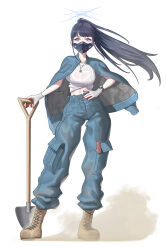 1girl absurdres alternate_costume alternate_hairstyle black_mask blue_archive blue_eyes blue_jacket blue_pants boots bra_visible_through_clothes brown_boots cargo_pants chojja construction_worker gloves greyscale hand_on_own_hip highres holding holding_shovel jacket jacket_on_shoulders long_hair looking_at_viewer monochrome pants ponytail saori_(blue_archive) shirt shovel solo sweat tied_shirt watch white_gloves white_shirt wristwatch