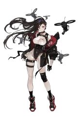 1girl absurdres ammunition_pouch arms_at_sides belt black_belt black_choker black_gloves black_hair black_jacket black_leotard black_shoes black_socks bodysuit breasts buckle chest_belt chest_harness chinese_commentary choker closed_mouth commentary commentary_request contrapposto drone duto earclip earrings english_commentary expressionless floating_hair full_body gatling_gun gloves half_gloves harness high_tops highleg highleg_leotard highres jacket jewelry knee_pads large_breasts leotard long_hair looking_at_viewer mixed-language_commentary multicolored_jacket off_shoulder open_clothes open_jacket original partially_fingerless_gloves pouch radio_antenna red_eyes red_jacket shoes simple_background single_knee_pad skindentation snap-fit_buckle sneakers socks solo split_mouth standing stud_earrings thigh_pouch thigh_strap two-sided_fabric two-sided_jacket two-tone_jacket very_long_hair white_background white_bodysuit