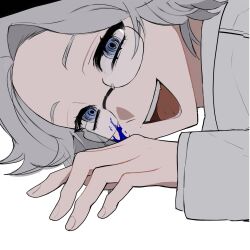 1boy :d aotsuki_eito blood blood_on_face blue_blood blue_eyes chinese_commentary close-up dwzssdbdl evil_grin evil_smile glasses grey_hair grin highres jacket looking_at_viewer male_focus on_floor open_mouth short_hair simple_background smile solo squinting the_hundred_line_-last_defense_academy- white_background white_jacket