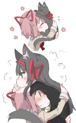 Rule 34 | 2girls, akemi homura, animal ear fluff, animal ears, animalization, black hair, blush, buivi, cat ears, cat girl, cat tail, closed eyes, hair ribbon, hairband, highres, juliet sleeves, kaname madoka, kemonomimi mode, long hair, long sleeves, mahou shoujo madoka magica, mahou shoujo madoka magica (anime), mitakihara school uniform, multiple girls, pink eyes, pink hair, puffy sleeves, red hairband, red ribbon, ribbon, school uniform, shirt, sweatdrop, tail, transformation, twintails, yellow shirt, yuri
