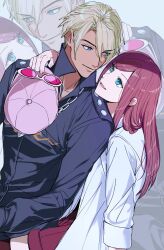 1girl ace_attorney ace_attorney_investigations aged_down amikoiiko apollo_justice:_ace_attorney arm_around_neck blonde_hair blue_background blue_eyes brown_hair brown_shorts brown_socks chain chain_necklace collared_shirt cowboy_shot dark-skinned_male dark_skin ema_skye fingernails hair_between_eyes hat highres holding holding_unworn_clothes holding_unworn_hat jewelry klavier_gavin lab_coat light_smile long_hair long_sleeves looking_at_another mismatched_eyebrows necklace newsboy_cap official_alternate_costume official_alternate_hairstyle open_mouth over-kneehighs pink_hat popped_collar purple_shirt shirt short_hair shorts sleeves_rolled_up smile socks sternocleidomastoid_muscle sunglasses thighhighs unworn_hat unworn_headwear upper_body zoom_layer