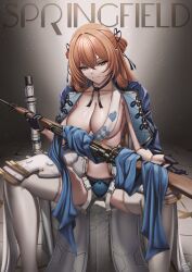 1girl absurdres armor black_gloves black_ribbon blue_jacket blue_panties bolt_action breasts brown_hair caiman_pool character_name cleavage closed_mouth collarbone commentary english_commentary girls&#039;_frontline girls&#039;_frontline_2:_exilium gloves green_eyes gun hair_ribbon half_gloves highres holding holding_gun holding_weapon jacket long_hair looking_at_viewer m1903_springfield neck_ribbon open_clothes open_jacket panties ribbon rifle sash sitting smile solo spread_legs springfield_(girls&#039;_frontline) springfield_(girls&#039;_frontline_2) thighhighs underwear weapon white_sash white_thighhighs