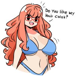1girl bikini english_text glasses murgoten orange_hair swimsuit