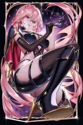 1girl adjusting_clothes adjusting_gloves artist_name asymmetrical_gloves black_boots black_gloves boots breasts character_request cleavage copyright_request earrings elbow_gloves glint gloves hair_between_eyes high_heel_boots high_heels highres jewelry knee_boots large_breasts long_hair looking_at_viewer parted_lips pink_eyes pink_hair ringeko-chan single_elbow_glove solo tassel tassel_earrings uneven_gloves very_long_hair
