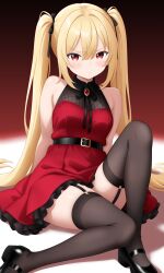 Rule 34 | &gt;:(, 1girl, absurdres, arms behind back, asura (crat2222), bare shoulders, belt, black belt, black bow, black ribbon, black shoes, black thighhighs, blonde hair, blush, bow, closed mouth, collared dress, commentary, crat2222, double-parted bangs, dress, english commentary, frilled dress, frills, frown, full body, garter straps, hair between eyes, hair bow, hair intakes, hair ribbon, highres, knee up, legs, long hair, looking at viewer, mary janes, neck ribbon, original, red background, red dress, red eyes, ribbon, shoes, short dress, sidelocks, simple background, sitting, solo, straight hair, thighhighs, thighs, twintails, two-tone background, v-shaped eyebrows, very long hair, white background, zettai ryouiki