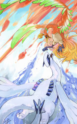 commentary_request creatures_(company) dated eye_contact game_freak gen_2_pokemon highres ho-oh legendary_pokemon looking_at_another lugia nintendo no_humans open_mouth pokemon pokemon_(creature) red_eyes signature talons tongue water yu_ikedon