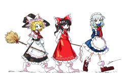 3girls apron arms_behind_back bare_shoulders black_eyes black_hair black_hat black_skirt black_vest blonde_hair blue_shirt blue_skirt blunt_bangs braid broom brown_shoes capelet collar collared_shirt curly_hair detached_sleeves frilled_apron frilled_capelet frilled_hat frilled_ribbon frilled_shirt_collar frilled_skirt frills gohei green_ribbon hair_ornament hair_ribbon hair_tubes hakurei_reimu hat headdress highres holding holding_broom holding_gohei izayoi_sakuya kirisame_marisa long_skirt long_sleeves maid_apron maid_headdress medium_hair multiple_girls neckerchief open_mouth parted_bangs perfect_cherry_blossom ponytail red_eyes red_neckerchief red_ribbon red_scarf red_shirt red_skirt ribbon scarf serious shirt shoes signature simple_background skirt sleeveless sleeves_past_wrists smile socks touhou twin_braids vest walking white_apron white_background white_capelet white_collar white_hair white_headdress white_ribbon white_shirt white_sleeves white_socks witch witch_hat yellow_eyes yoiy_san