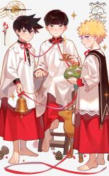 Rule 34 | 3boys, absurdres, barefoot, bell, black cape, black eyes, black hair, black jacket, blue eyes, blunt bangs, broccoli, brothers, buttons, candle, candlestand, cape, cassock, chain, christmas, commentary, english commentary, fire, food, gakuran, gold chain, hair between eyes, hanazawa teruki, high collar, highres, holding, holding candlestand, holding food, holding hands, holding vegetable, jacket, jingle bell, kageyama ritsu, kageyama shigeo, knee up, lace trim, ladder, layered clothes, layered sleeves, lingshi reishi, looking at viewer, looking to the side, male focus, merry christmas, mob psycho 100, multiple boys, neck ribbon, parted lips, pinecone, poncho, print cape, profile, red ribbon, red robe, reindeer, ribbon, robe, school uniform, short hair, siblings, sitting, spiked hair, standing, star (symbol), star print, stepladder, swept bangs, toes, vegetable, white background