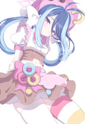 1girl absurdres akazaki_yukino alternate_costume antenna_hair arm_behind_back asymmetrical_legwear blue_archive blue_hair brown_skirt closed_mouth commentary cowboy_shot donut food fubuki_(blue_archive) halo hat highres looking_at_viewer midriff mismatched_legwear multicolored_hair navel pink_halo pink_hat red_eyes shirt short_sleeves skirt solo striped_clothes striped_thighhighs thighhighs white_shirt white_thighhighs