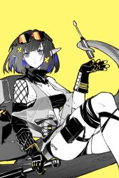1girl :o arknights bandaid bandaid_on_leg bandeau bare_shoulders blue_hair breasts chinese_commentary cleavage colored_inner_hair commentary_request crop_top elbow_gloves eunectes_(arknights) feet_out_of_frame gloves goggles goggles_on_head highres holding holding_with_tail medium_breasts multicolored_hair parted_lips partial_commentary partially_colored piaoliu_ping_ping_ping_pingzi pointy_ears pouch prehensile_tail screwdriver short_hair simple_background sitting solo tail thigh_pouch thigh_strap yellow_background