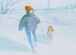 1girl beanie black_coat boots brown_hair closed_eyes closed_mouth cloud cloudy_sky coat commentary day denim fjsmu footprints full_body fur_boots fur_trim hat highres holding holding_leash jeans leash original outdoors pants red_hat shiba_inu short_hair sky smile snow solo winter winter_clothes winter_coat