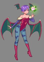 1girl animal_print arched_back bare_shoulders bat_print bat_wings blue_pantyhose boots breasts bridal_gauntlets cleavage closed_mouth collarbone colored_smoke commentary covered_groin curled_fingers darkstalkers demon_girl demon_wings diamond_cutout english_commentary fingernails full_body fur-trimmed_leotard fur_trim green_wings grey_background hair_between_eyes half-closed_eyes head_tilt head_wings heart high_heel_boots high_heels highleg highleg_leotard highres index_finger_raised invisible_floor knee_boots leaning_forward legs_apart leotard lilith_(darkstalkers) long_legs looking_at_viewer looking_to_the_side magic matheus_felipe narrowed_eyes off-shoulder_leotard open_hand outstretched_arm pantyhose parted_bangs pink_eyes pointing pointing_up print_pantyhose purple_bridal_gauntlets purple_hair purple_nails red_boots red_leotard red_wings short_hair sidelocks simple_background small_breasts smile smirk smoke solo standing thick_eyelashes thighs tsurime two-tone_wings v-shaped_eyebrows wide_hips wings