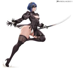 1girl 2b_(nier:automata) 2b_(nier:automata)_(cosplay) absurdres alternate_costume arcedo artist_name black_blindfold black_boots black_dress black_gloves black_shoes black_thighhighs blindfold blue_hair boots breasts cleavage_cutout closed_mouth clothing_cutout cosplay covered_eyes dress feather-trimmed_sleeves fire_emblem gloves gluteal_fold high_heel_boots high_heels highres holding holding_sword holding_weapon leotard long_sleeves lucina_(fire_emblem) nier:automata nier_(series) nintendo shoes short_hair simple_background skindentation small_breasts solo sword thigh_boots thighhighs thighhighs_under_boots thighs weapon white_background white_leotard