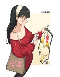 1girl artist_name bag bikini black_hair black_pantyhose commentary earrings english_commentary gold_bikini hairband jewelry jk_arts long_hair pantyhose red_eyes red_sweater shoulder_bag solo spy_x_family sweater swimsuit thong_bikini twitter_username unworn_bikini white_hairband yor_briar