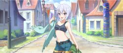 Rule 34 | 1girl, :d, aqua scarf, armpit crease, belt, belt buckle, black belt, breasts, buckle, building, cape, chris (konosuba), collarbone, cowboy shot, crop top, day, denim, denim shorts, facial scar, game cg, green cape, grey hair, groin, hair between eyes, highres, holding, holding unworn clothes, kono subarashii sekai ni shukufuku wo!, konosuba! fantastic days, light blush, long scarf, looking at viewer, navel, official art, open mouth, outdoors, purple eyes, road, scar, scar on cheek, scar on face, scarf, short hair, short shorts, shorts, side ahoge, sidelocks, small breasts, smile, solo, standing, street, tachi-e, unworn cape, unworn scarf