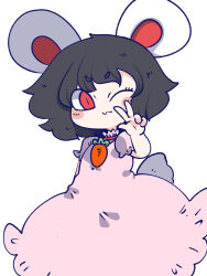 1girl ;3 animal_ears black_hair blush carrot_necklace chahan_(fried_rice0614) closed_mouth commentary dress hand_up highres inaba_tewi jewelry looking_at_viewer necklace one_eye_closed pink_dress puffy_short_sleeves puffy_sleeves rabbit_ears rabbit_girl rabbit_tail red_eyes short_hair short_sleeves simple_background solo standing tail touhou w white_background