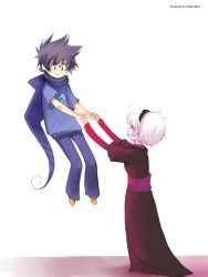 1boy 1girl black_dress black_hair black_hairband blue_pants blue_shirt c: child couple dress floating flying full_body glasses god_tier_(homestuck) grimdark_mode_(homestuck) hairband hetero highres holding_hands homestuck hood hoodie ikimaru john_egbert light_smile long_hoodie long_sleeves pants rectangular_eyewear rose_lalonde sash shipping_(fandom) shirt shoes short_hair signature smile spiked_hair standing white_background white_hair yellow_shoes