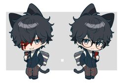 2boys amamiya_ren ameinu animal_ears bag black_hair blood blood_on_face cat_ears cat_tail cellphone chibi chibi_only glasses hair_between_eyes hand_in_pocket highres holding holding_phone jacket long_sleeves looking_at_viewer male_focus multiple_boys multiple_views one_eye_closed pants persona persona_5 phone plaid_clothes plaid_pants school_bag school_uniform short_hair shoulder_bag shuujin_academy_school_uniform smile tail