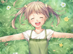 1girl alternate_costume artist_request blonde_hair blush casual closed_mouth dress flower game_cg grass green_dress hair_bobbles hair_ornament ibarazaki_emi katawa_shoujo long_hair lying non-web_source official_alternate_costume on_back on_grass open_mouth outstretched_arms shirt short_sleeves smile solo spread_arms teeth twintails upper_body upper_teeth_only white_flower white_shirt yellow_flower