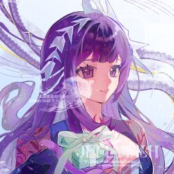 1girl alternate_color alternate_eye_color arm_up artist_request blunt_bangs box center_opening chinese_commentary closed_mouth commission dress frilled_dress frilled_sleeves frills gift gift_box gloves gradient_background gradient_hair hair_floating_upwards hair_ornament headpiece highres holding holding_gift honkai:_star_rail honkai_(series) hysilens_(honkai:_star_rail) incoming_gift light_smile long_hair long_sleeves looking_at_viewer looking_to_the_side multicolored_hair purple_eyes purple_gloves purple_hair reaching reaching_towards_viewer second-party_source see-through_clothes see-through_sleeves shade solo upper_body watermark wavy_hair
