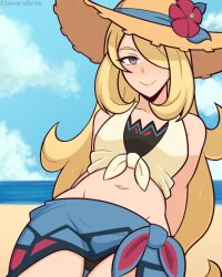 Rule 34 | 1girl, artist name, bare shoulders, beach, blonde hair, blue sarong, brown hat, cianuro, closed mouth, commentary, crop top, cynthia (pokemon), cynthia (summer 2025) (pokemon), english commentary, flower, grey eyes, hair over one eye, hat, hat flower, highres, long hair, looking at viewer, navel, nintendo, official alternate costume, pokemon, pokemon masters ex, sarong, smile, solo, sun hat, very long hair