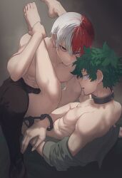 2boys abs anal ass back barefoot blue_eyes boku_no_hero_academia bones_(company) boots bottomless burn_scar completely_nude curly_hair feet freckles green_eyes grey_eyes highres holding_legs knees midoriya_izuku multicolored_hair multiple_boys muscular nipples nude open_clothes open_shirt pants_only pectorals red_hair scar sex shirt short_hair shounen_jump tododeku todoroki_shouto toenails toes topless_female topless_male two-tone_hair undressing urushi white_hair yaoi