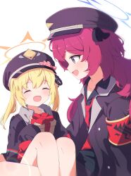 2girls :d ^_^ absurdres armband black_coat black_hat black_shirt blonde_hair bloomers blue_archive blush box closed_eyes coat gehenna_academy_logo gift gift_box grey_eyes hair_between_eyes halo haluka_o0 hat highres holding ibuki_(blue_archive) iroha_(blue_archive) jacket long_hair long_sleeves looking_at_another loose_necktie military_hat military_jacket multiple_girls necktie open_mouth peaked_cap red_armband red_hair red_necktie safety_pin shirt simple_background sleeves_past_fingers sleeves_past_wrists smile underwear very_long_hair wavy_hair white_background white_bloomers yellow_halo