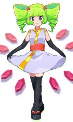 Rule 34 | 1girl, blush stickers, chiimako, crossed legs, dress, drill hair, full body, gem, green hair, highres, humanization, japanese clothes, jewelry, kimono collar, long hair, looking at viewer, mario (series), mimi (paper mario), nintendo, paper mario, smile, solo, standing, straight-on, super paper mario, twintails, watson cross, white dress, yellow trim