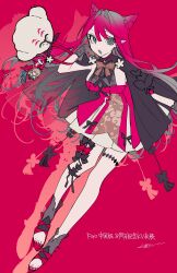 Rule 34 | 1girl, absurdres, baobhan sith (fate), black bow, black cape, black gloves, bow, bowtie, breasts, brown bow, brown bowtie, cape, cernunnos (fate), character charm, charm (object), colored inner hair, cone hair bun, double bun, dress, fang, fate/grand order, fate (series), full body, gloves, gradient hair, grey eyes, grey hair, hair bun, hair intakes, highres, large breasts, leaning forward, long hair, looking at viewer, mochizuki kei, morgan le fay (fate), multicolored hair, open mouth, pale skin, pink dress, pointy ears, red background, red bow, red bowtie, red dress, red hair, red shoes, shoes, simple background, solo, thigh marking, thighs, translation request, two-tone hair