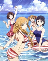 4girls :d ass asuna_(sao) bikini black_eyes black_hair breasts brown_eyes brown_hair cloud day female_focus hair_ornament hair_ribbon hairclip happy highres innertube kirigaya_suguha large_breasts light_brown_hair lisbeth_(sao) long_hair looking_at_viewer multiple_girls nude_filter ocean open_mouth outdoors ribbon short_hair short_twintails silica sky small_breasts smile standing swim_ring swimsuit sword_art_online third-party_edit twintails wading water