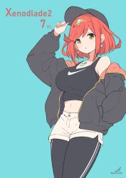 1girl :o absurdres alternate_costume anniversary baseball_cap black_hat black_jacket black_leggings black_sports_bra blue_background bob_cut breasts copyright_name core_crystal_(xenoblade) hand_on_own_hip hat highres jacket large_breasts leggings leggings_under_shorts logo medium_hair midriff minusk9 nike_(company) open_clothes open_jacket pyra_(xenoblade) red_hair shorts simple_background solo sports_bra tiara white_shorts xenoblade_chronicles_(series) xenoblade_chronicles_2 yellow_eyes