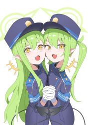 2girls absurdres awahuki_kani blue_archive blue_hat blue_shirt blue_shorts blue_skirt commentary_request demon_tail earrings fang garrison_cap gloves green_hair green_halo halo hand_grab hat highres hikari_(blue_archive) interlocked_fingers jewelry long_hair looking_at_viewer multiple_girls nozomi_(blue_archive) open_mouth pointy_ears shirt shorts simple_background skin_fang skirt smile tail twintails white_background white_gloves yellow_eyes