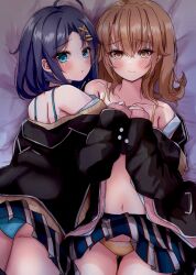 2girls ahoge ass ayachanman bare_shoulders bed_sheet black_hair black_jacket blazer blue_bra blue_panties blush bra brown_eyes brown_hair cardigan_lift closed_mouth clothes_lift collarbone commentary cowboy_shot green_eyes hair_ornament highres hikigaya_komachi hug isshiki_iroha jacket long_sleeves looking_at_viewer looking_back lying medium_hair miniskirt multiple_girls navel off_shoulder on_back on_stomach open_clothes open_jacket panties plaid_clothes plaid_skirt pleated_skirt school_uniform short_hair shoulder_blades skirt skirt_lift sobu_high_school_uniform thigh_gap underwear winter_uniform x_hair_ornament yahari_ore_no_seishun_lovecome_wa_machigatteiru. yellow_bra yellow_panties yuri