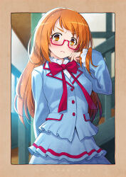 1girl absurdres adjusting_hair aged_up aria_gakuen_school_uniform blazer blue_jacket blue_skirt blush border bow brown_border brown_eyes character_name close-up frown glasses highres indoors jacket kazuma_muramasa long_sleeves orange_hair outside_border precure red-framed_eyewear red_bow school school_uniform semi-rimless_eyewear shirabe_ako skirt solo stairs suite_precure tsundere under-rim_eyewear upper_body v-shaped_eyebrows