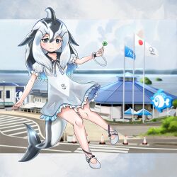 1girl absurdres black_hair bracelet cetacean_tail clover dolphin_girl dress fins fish_tail four-leaf_clover frills full_body grey_eyes grey_hair head_fins highres jewelry kemono_friends long_hair looking_at_viewer multicolored_hair neck_ribbon pacific_white-sided_dolphin_(kemono_friends) ribbon sailor_dress shoes sngln19748154 solo tail two-tone_hair