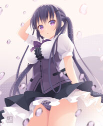 1girl air_bubble artist_logo bare_arms bare_legs black_skirt blush bow bowtie breasts bubble commentary cowboy_shot frilled_panties frills gochuumon_wa_usagi_desu_ka? hair_ornament hairclip highres kurasawa_kyoushou large_breasts logo long_hair looking_at_viewer panties petticoat puffy_short_sleeves puffy_sleeves purple_bow purple_bowtie purple_eyes purple_hair purple_panties purple_vest rabbit_house_uniform short_sleeves simple_background skirt solo tedeza_rize twintails underbust underwear upskirt very_long_hair vest