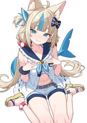 1girl absurdres ahoge animal_ear_fluff animal_ears bikini bikini_under_clothes blonde_hair blue_bikini blue_bow blue_eyes blue_hair blue_sailor_collar blunt_bangs bow brown_sandals cat_ears closed_mouth commentary danimocles dress english_commentary fang fins fish_girl fish_tail frilled_bikini frilled_sailor_collar frills hair_bow hands_up highres indie_virtual_youtuber knees_out_of_frame lifebuoy_hair_ornament long_hair looking_at_viewer low_twintails multicolored_hair navel one_side_up sailor_collar sailor_dress sameko_saba sandals scrunchie short_shorts shorts simple_background sitting skin_fang sleeveless sleeveless_dress smile solo streaked_hair striped_bikini striped_clothes swimsuit tail twintails unbuttoned very_long_hair virtual_youtuber wariza white_background white_dress white_hair white_shorts wrist_scrunchie
