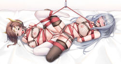 Rule 34 | 2girls, absurdres, alexandria (xenoblade), arms behind back, ball gag, barefoot, bdsm, bed sheet, black thighhighs, blue eyes, bondage, bound, bound together, braid, breasts, brown hair, collar, commentary request, crotch rope, empty eyes, ethel (xenoblade), fishnet bra, flan ling, forehead protector, gag, green eyes, grey hair, hair bun, highres, inverted nipples, lactation, large breasts, long hair, multiple girls, nipples, pussy juice, saliva, shibari, simple background, slave, thighhighs, tribadism, variant set, white thighhighs, xenoblade chronicles (series), xenoblade chronicles 3, yuri