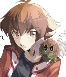 Rule 34 | 1boy, ?, angel wings, black shirt, brown eyes, brown hair, claws, collarbone, collared jacket, duel academy uniform (yu-gi-oh! gx), duel monster, floating, flying sweatdrops, hair between eyes, highres, jacket, nakano hero d, red jacket, shirt, spiked hair, winged kuriboh, wings, yu-gi-oh!, yu-gi-oh! gx, yuki judai