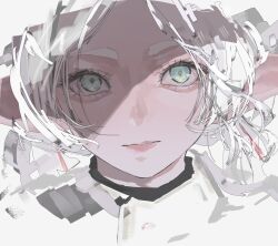 1girl absurdres aqua_eyes earrings elf eyelashes frieren gaku highres jewelry lips long_hair pointy_ears portrait simple_background solo sousou_no_frieren thick_eyebrows white_background white_hair