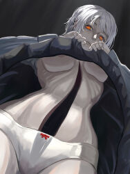1girl absurdres black_dress breasts butaizyo chainsaw_man closed_mouth clothes_lift death_devil_(chainsaw_man) deep_wound dress dress_lift fami_(chainsaw_man) fourth_east_high_school_uniform from_below highres injury lifting_own_clothes looking_at_viewer panties ringed_eyes school_uniform solo spoilers underboob underwear white_hair white_panties yellow_eyes